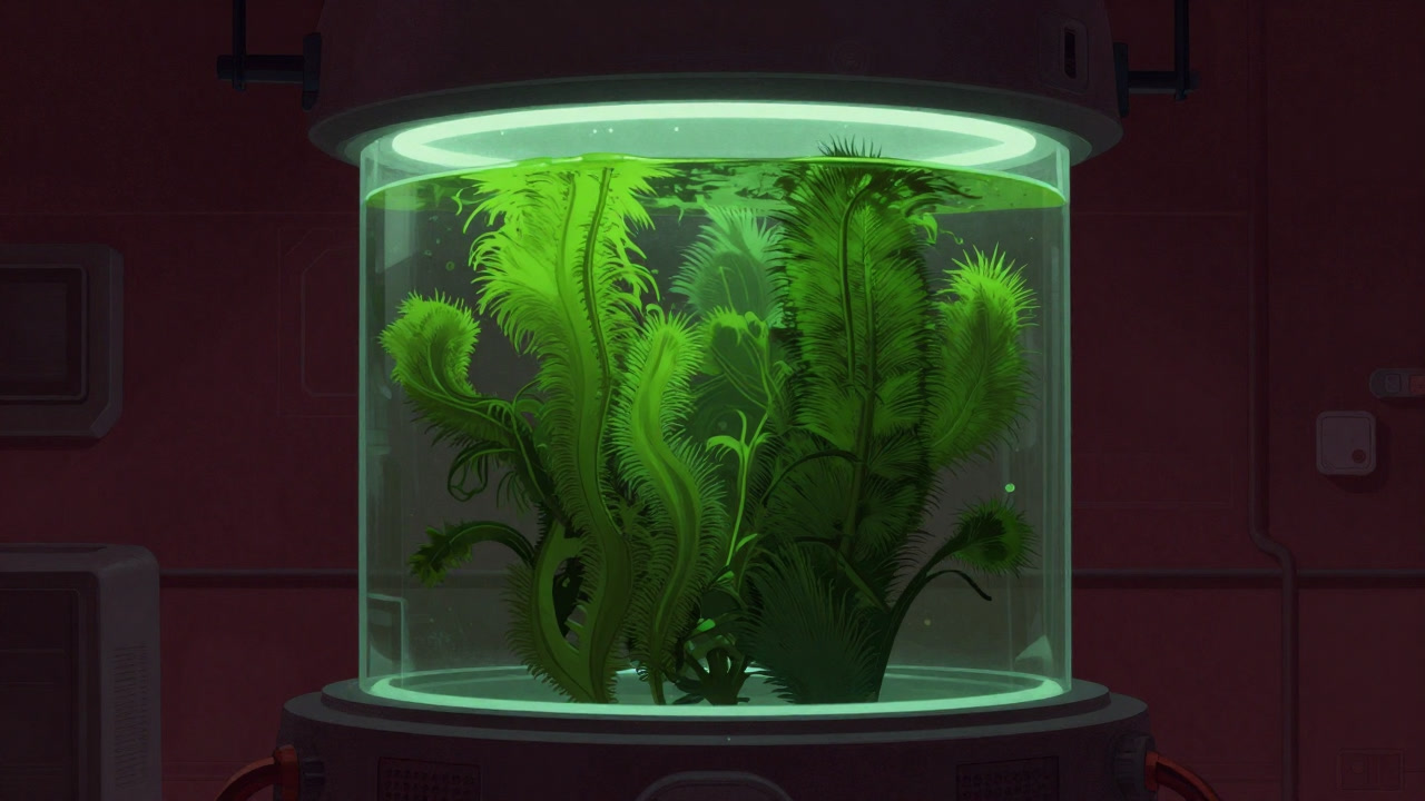 Close-up of a teal-green algae fermenter tank, evoking a futuristic fuel station