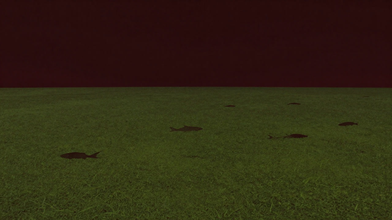 Image of a lake surface covered in a green layer of algae, fish schools floating as if suffocating