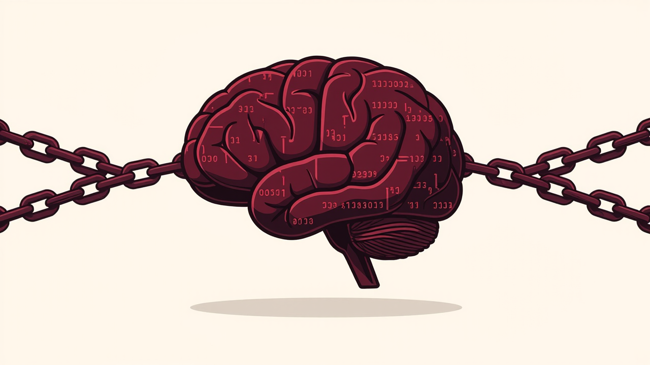A motherboard resembling a robot brain bound in chains of code