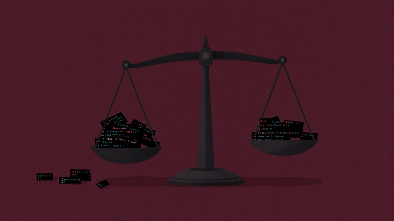 コードの断片が天秤に乗り、一方に偏って重量差が生じているイメージ