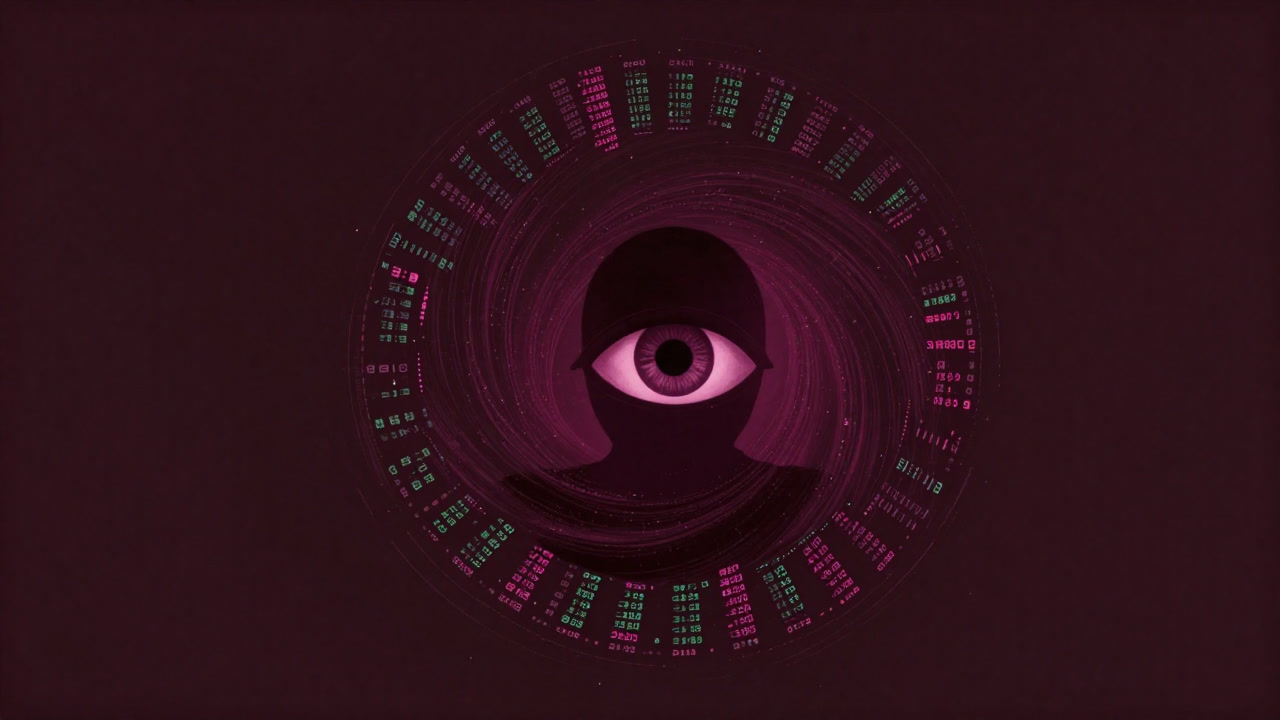 無数のデータポイントが渦巻き、中央に冷酷な目を持つアルゴリズムのシルエットが浮かぶイメージ