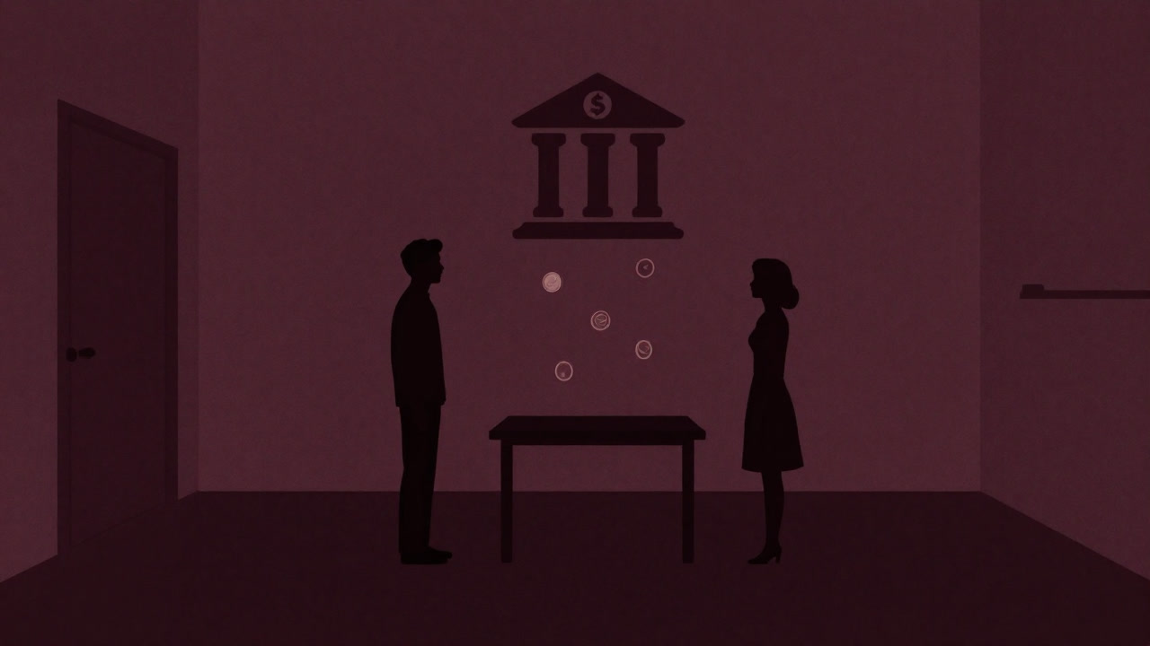 Silhouettes of a middle-aged ex-couple holding hollow remains of love, staring at coins dripping from a bank account icon.