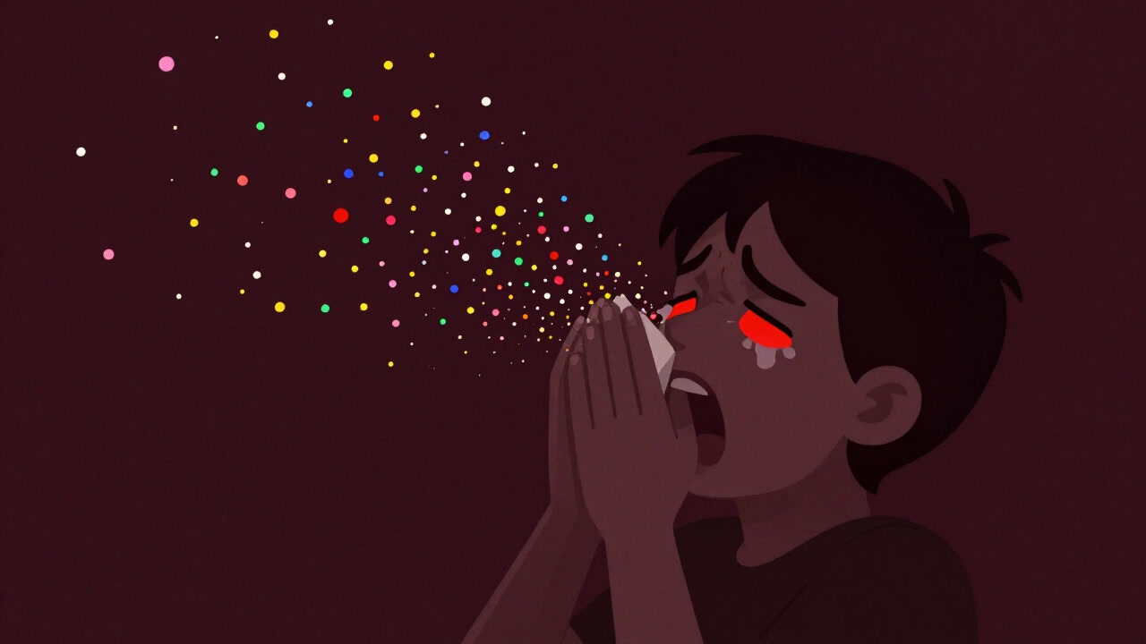 赤い目をして連続でくしゃみをする人物と舞い上がる花粉のイラスト