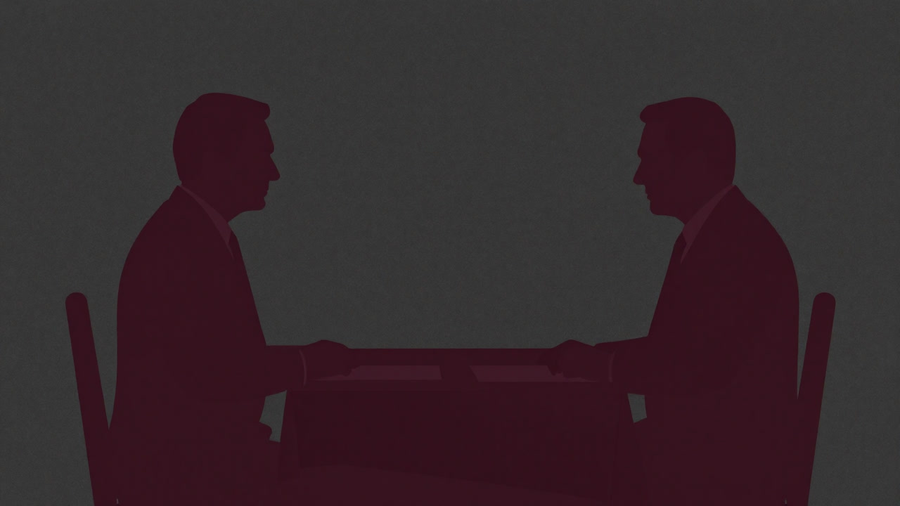 Silhouettes of two delegates from different nations surrounding a treaty document with expressions of suspicion.