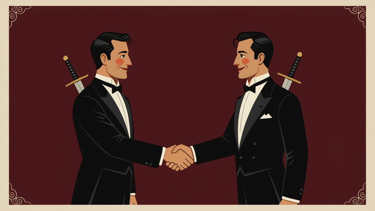 Silhouettes of two delegates from different nations surrounding a treaty document with expressions of suspicion.