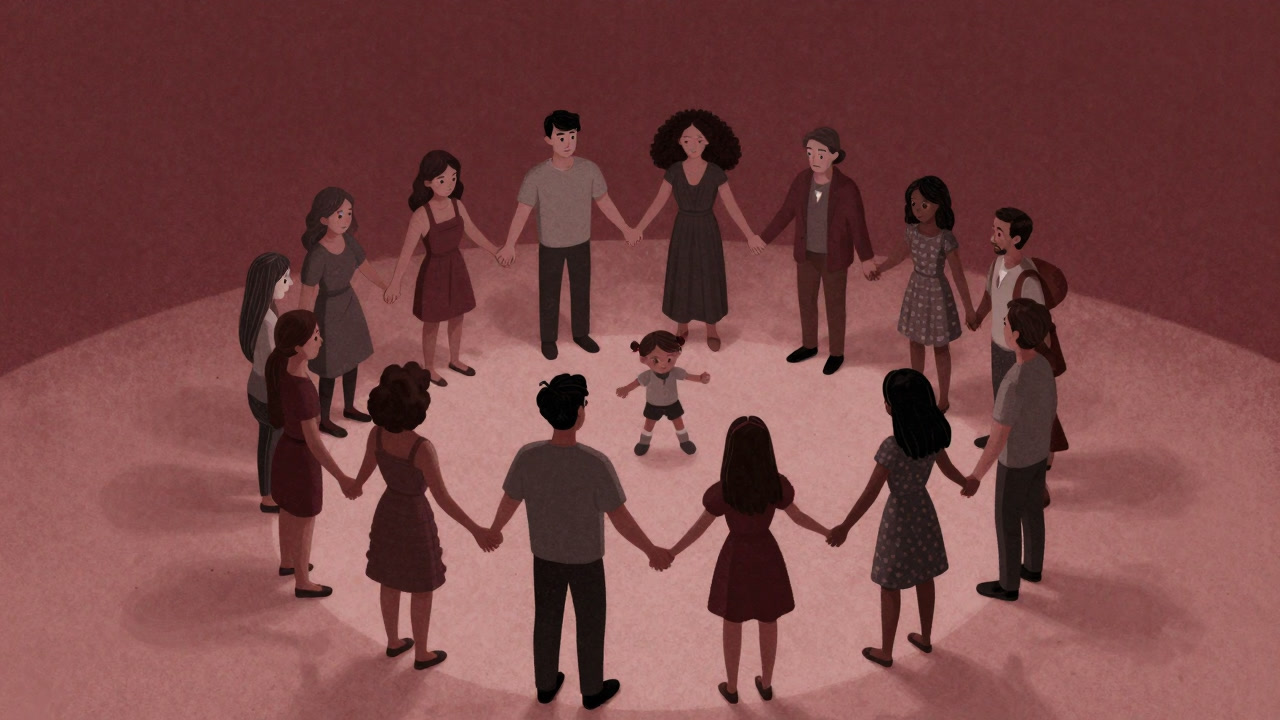 A fairy-tale style illustration of parents holding hands around children