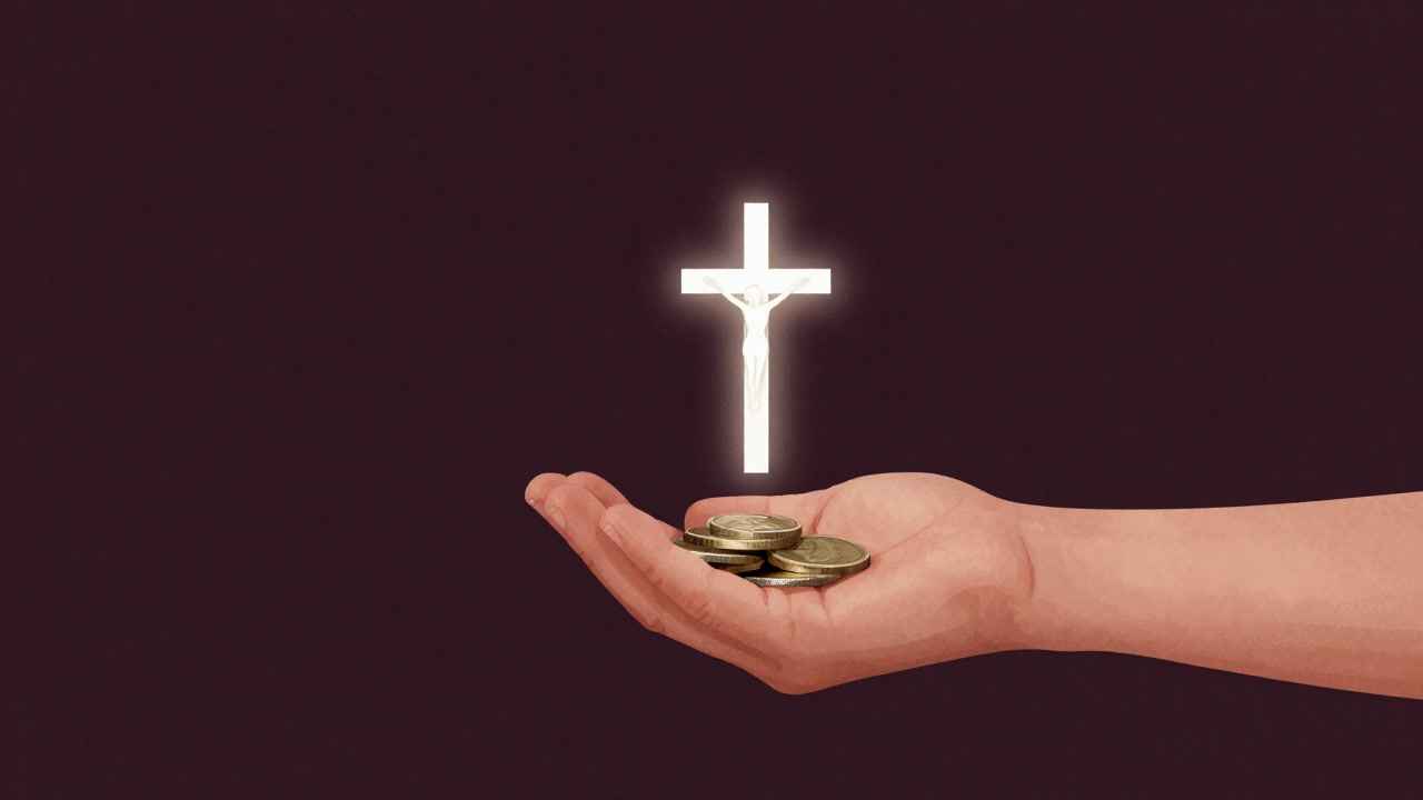 Illustration of a child's hand clutching a few coins glowing like a crucifix