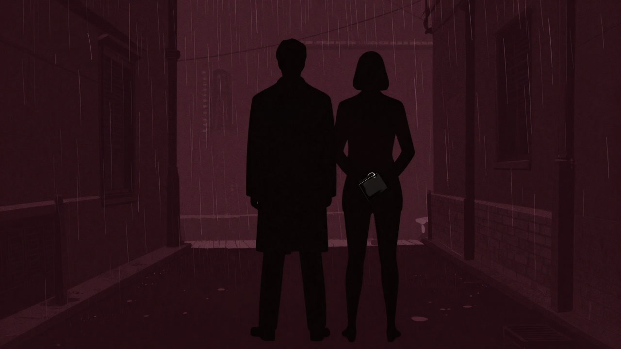 Silhouette of two figures back-to-back in a dim alley, one subtly pocketing a wallet.