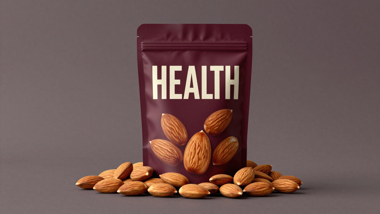 パッケージに詰め込まれ、健康の文字が躍るアーモンドの山