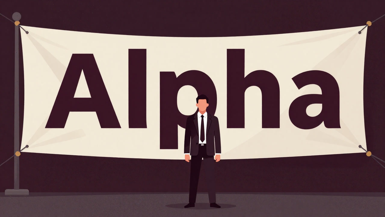 ビジネススーツを着た人物が「アルファ」と描かれた大きなバナーの前で得意げにポーズをとるイラスト
