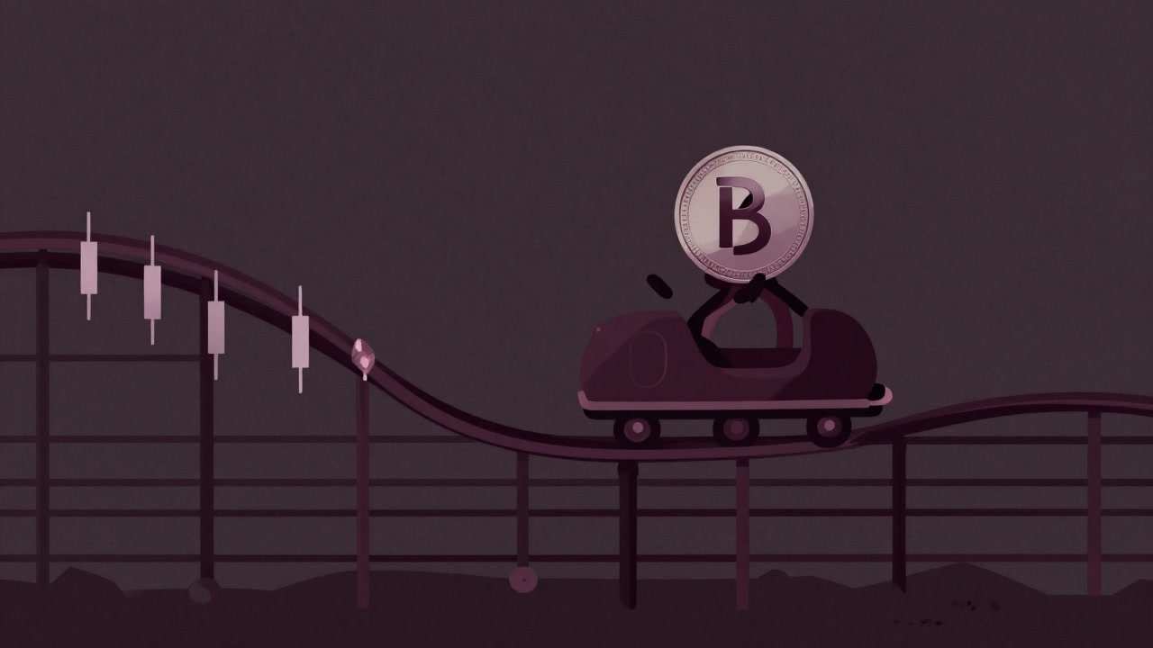 An altcoin character riding a rollercoaster track