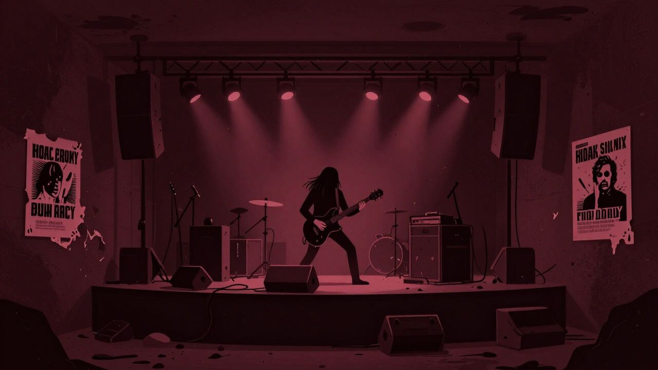 暗いライブハウスで歪んだギターを弾くロッカーの背中