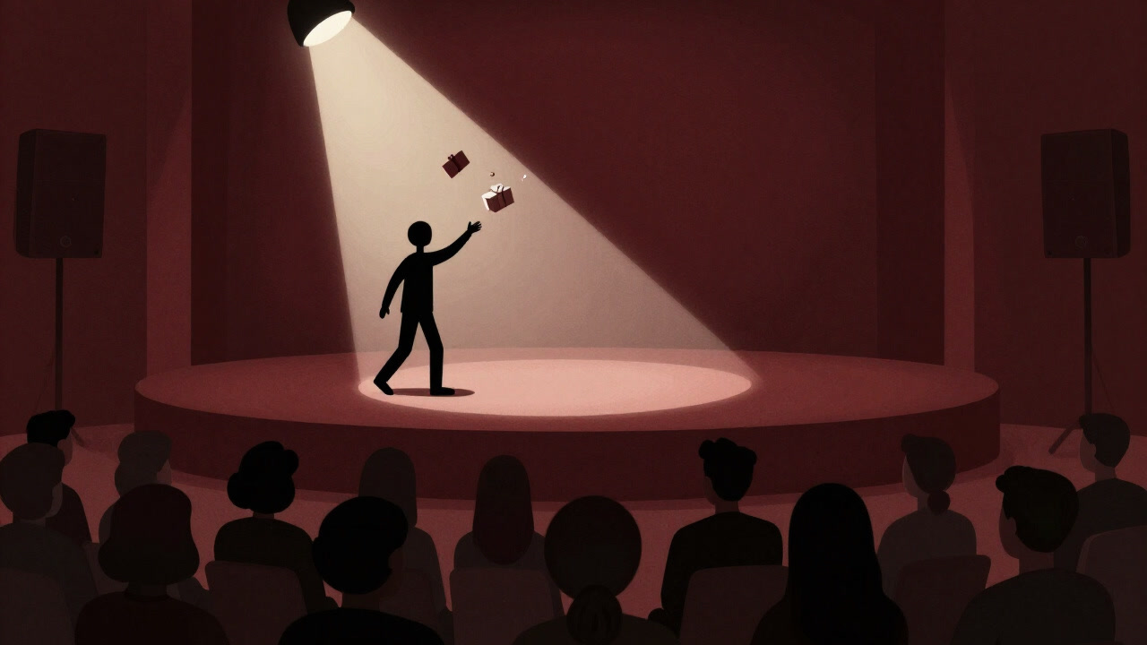 An illustration of a person throwing gifts to others under a spotlight on a big stage, while they themselves stay modestly hidden in the shadows.