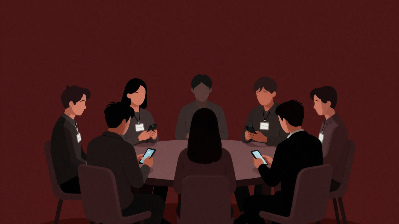 People wearing reunion name tags sitting around a round table silently staring at their smartphones.