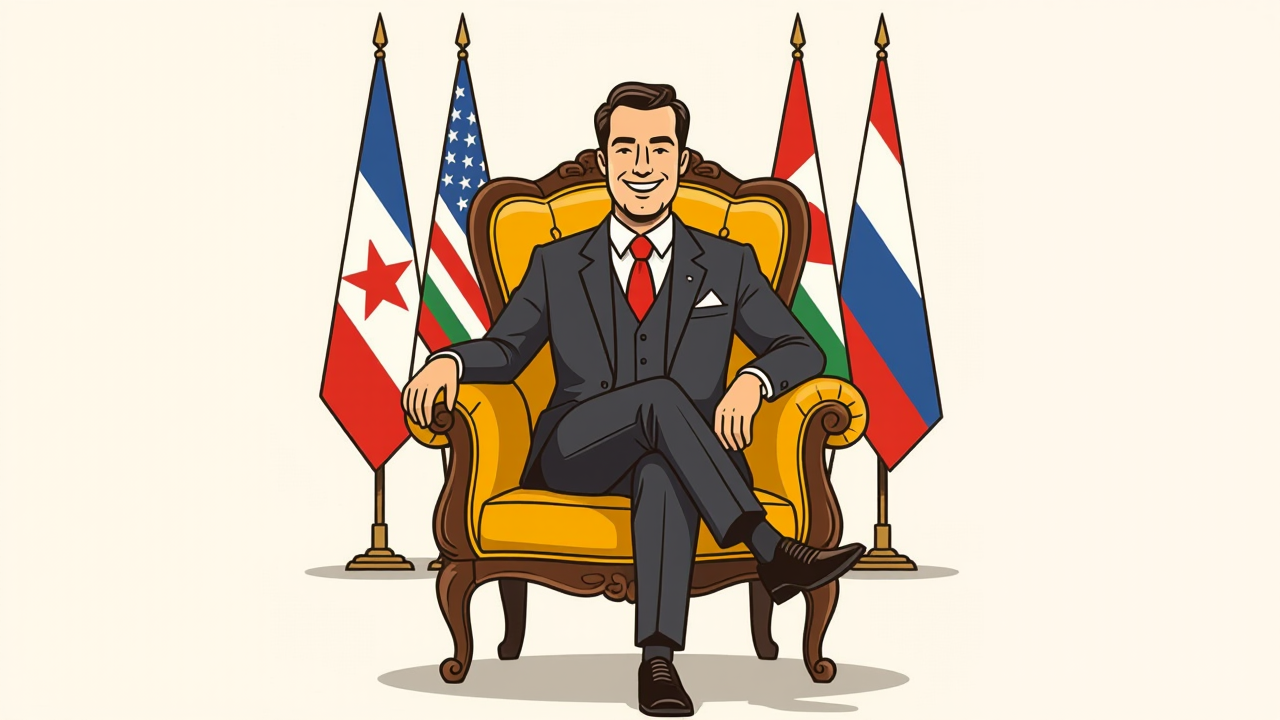 Illustration of a suited ambassador smiling on a golden chair with a backdrop of national flags