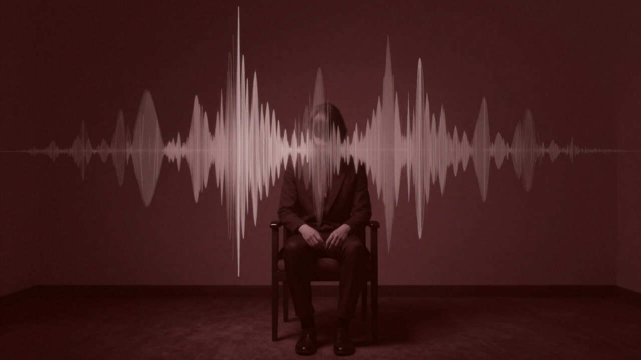 A dimly lit room where a person is being engulfed by ambient waves and fading into transparency.