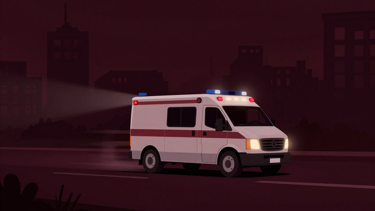 夜の街を青白いライトで突っ走る救急車のシルエット