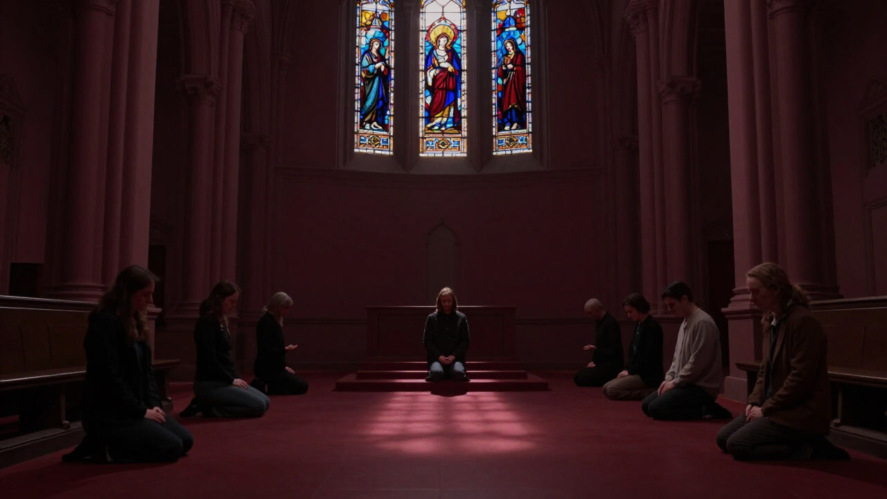 教会の礼拝堂の静寂の中で、手を合わせた人々の声だけが響く場面