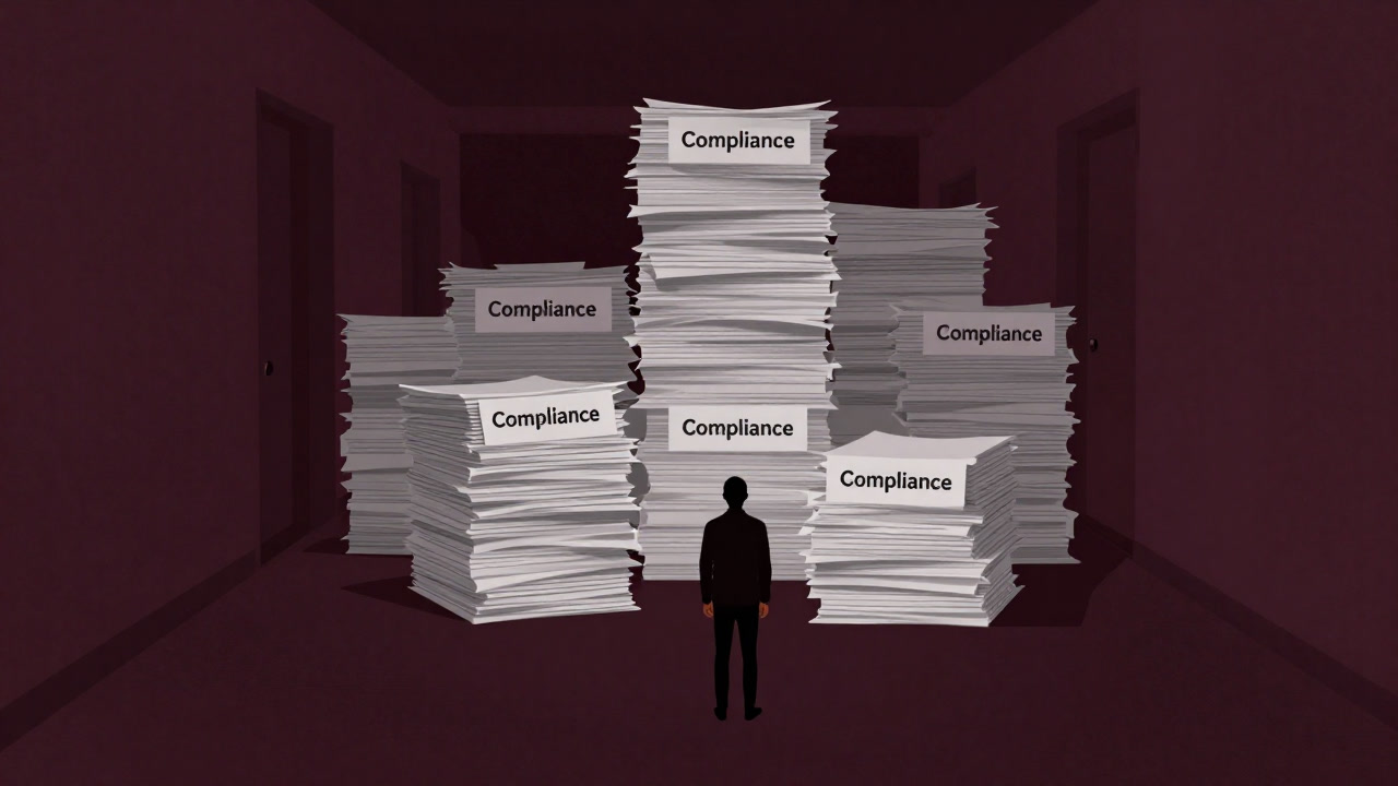 厚いコンプライアンス書類の壁の前で呆然と立ち尽くす人物