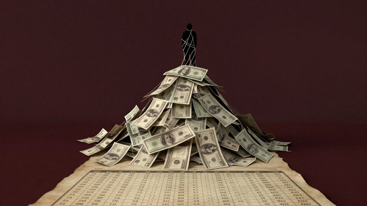 A dim illustration of a shadow figure entangled in threads emerging from a mountain of debt, with an amortization schedule spread below.