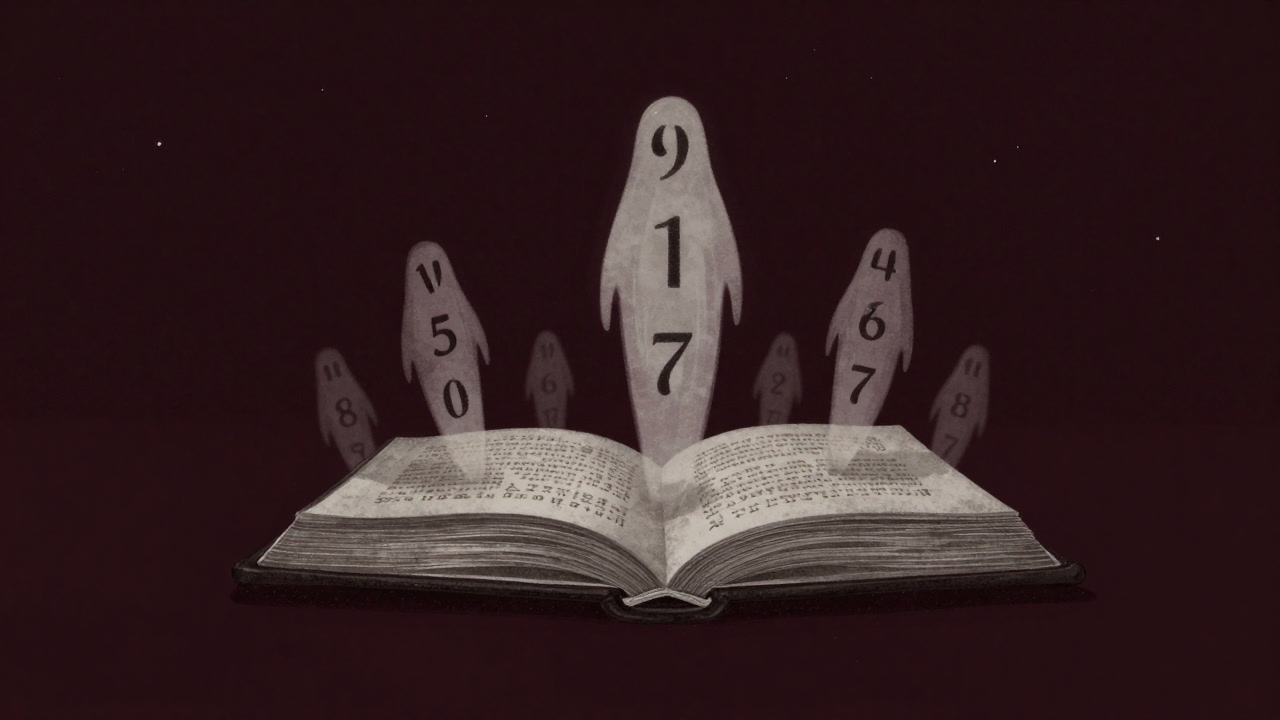 Illustration of ghostly numbers emerging from an old ledger and reaching up into the night sky