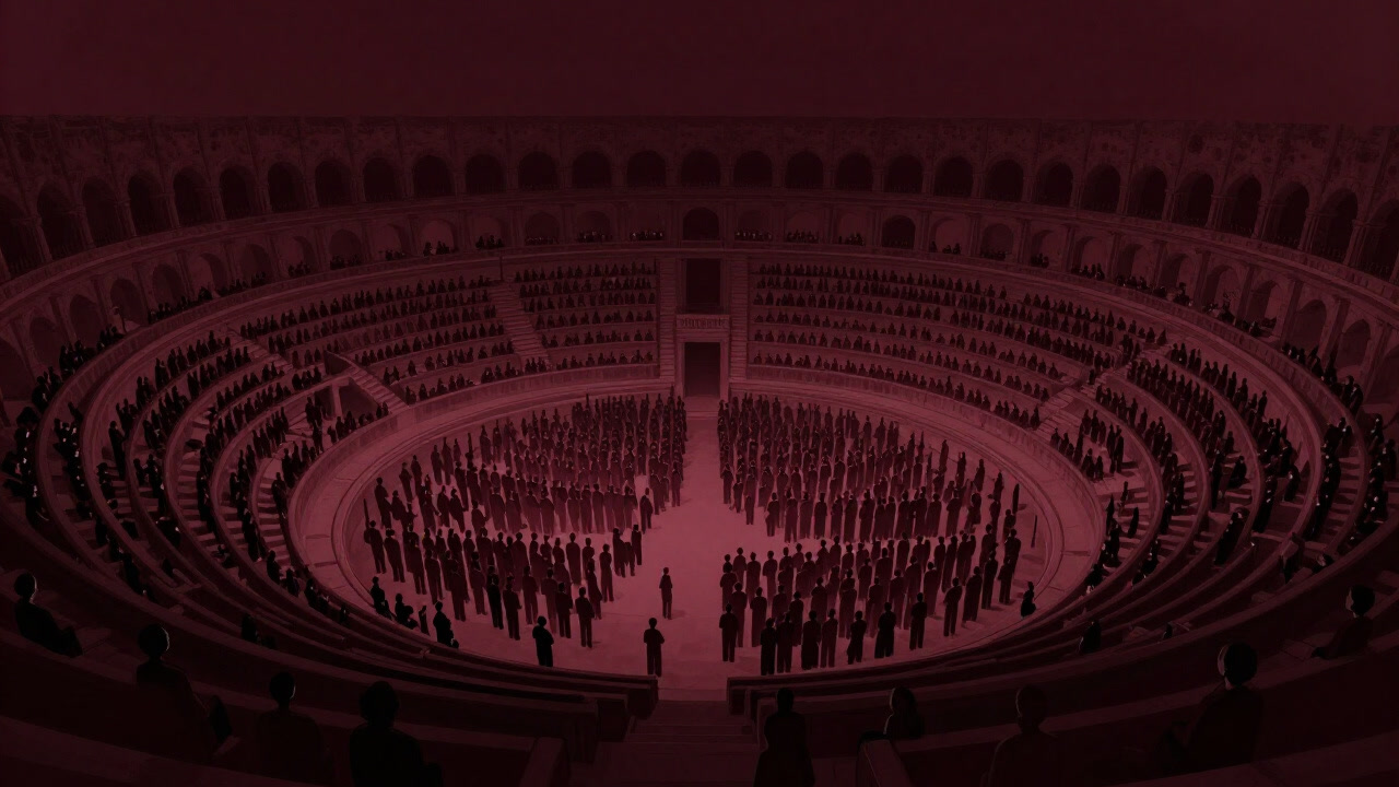 満席の円形劇場を俯瞰で捉えた画像。歓声と悲鳴が渦巻く空間を示唆する。