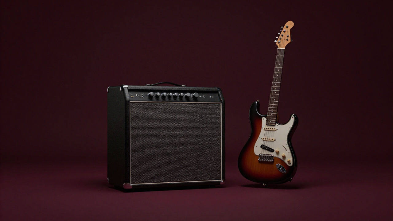 Photo of an amplifier trembling alongside a guitar in a dimly lit studio at night