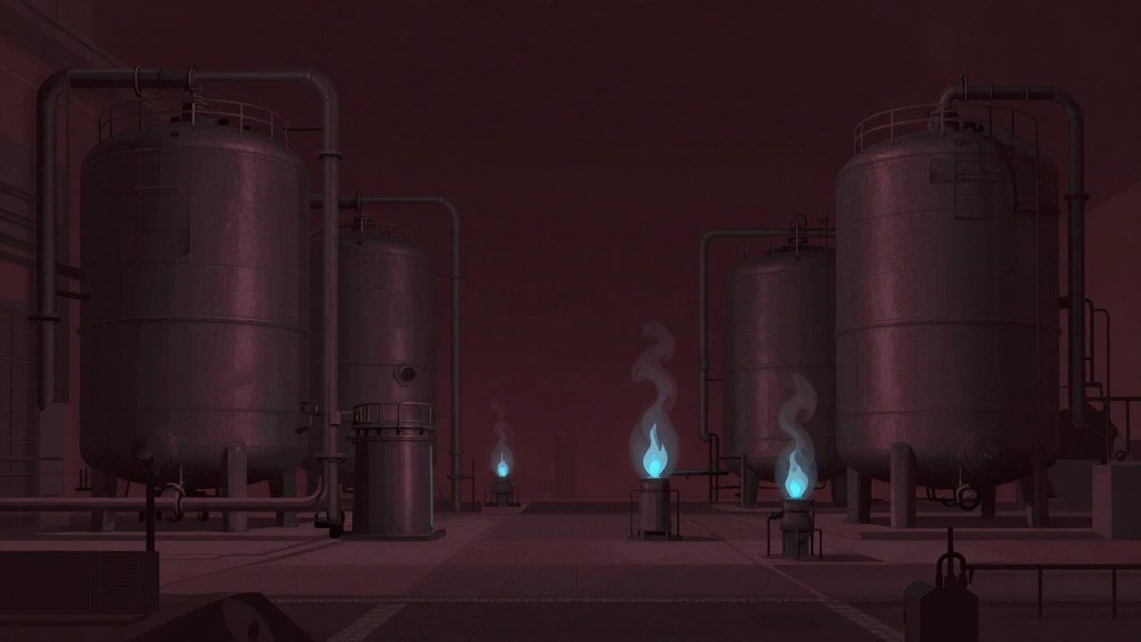 Interior of a large anaerobic digestion plant, lined with pipes and tanks, with pale blue flames flickering amidst steam