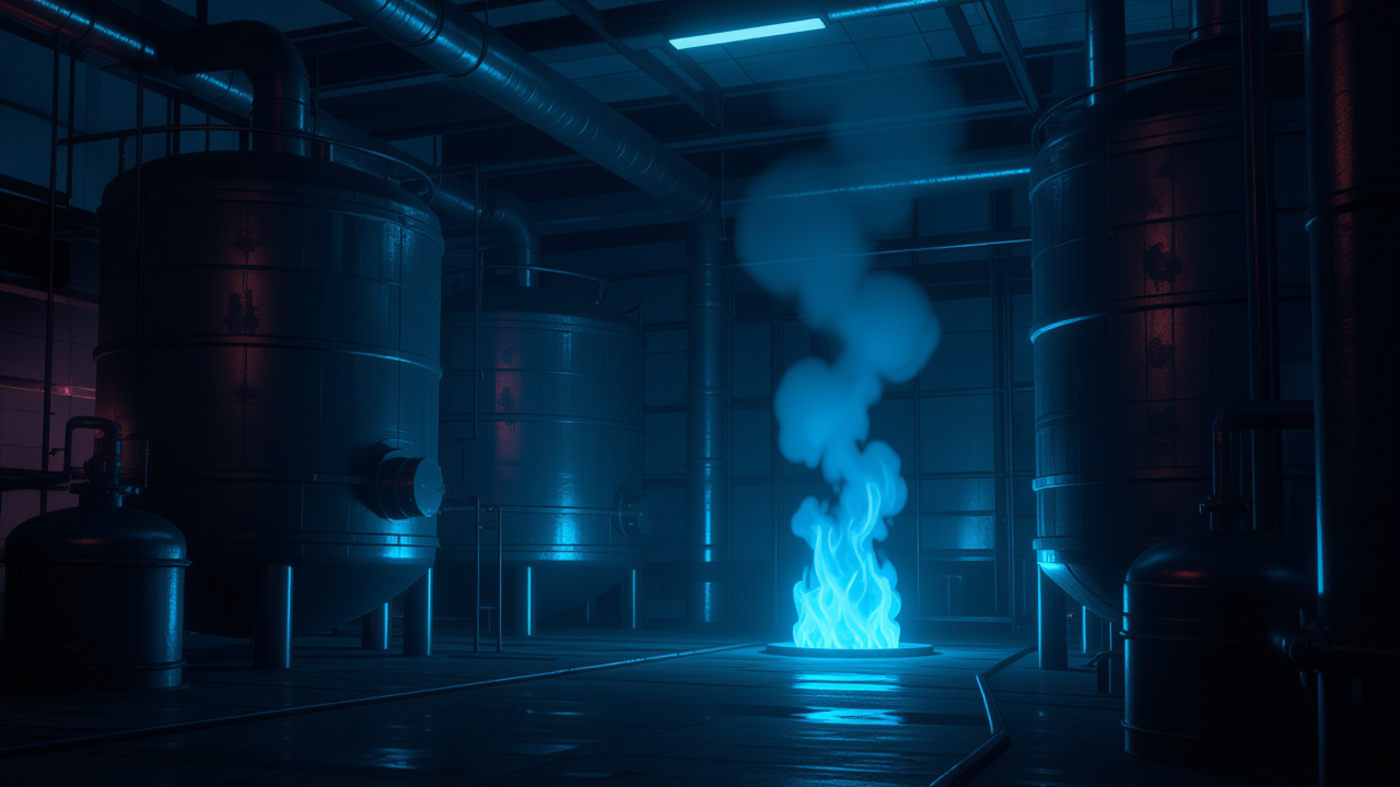 Interior of a large anaerobic digestion plant, lined with pipes and tanks, with pale blue flames flickering amidst steam