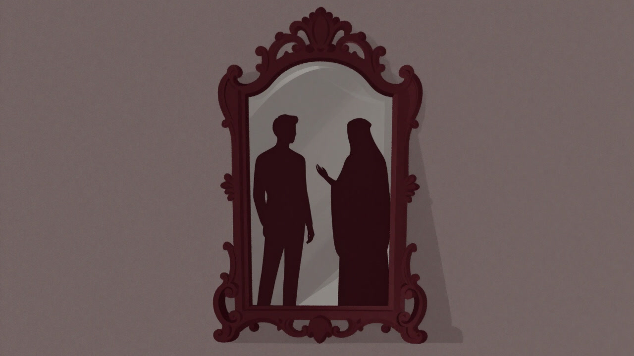 A symbolic illustration of human and divine silhouettes reflected in a giant mirror