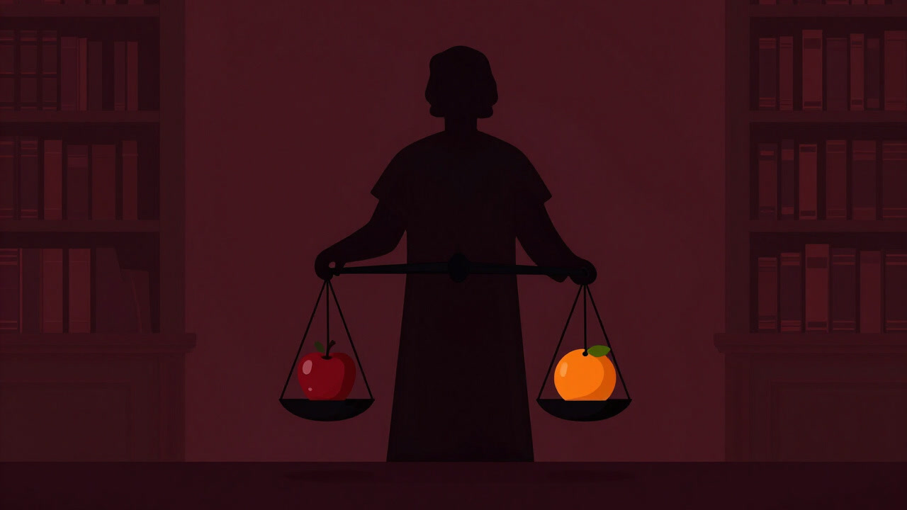 Silhouette of a philosopher earnestly comparing apples and oranges placed on a scale.
