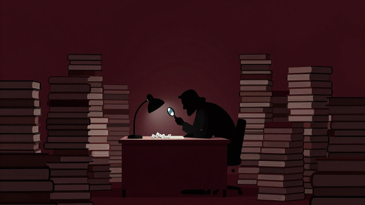 Silhouette of a philosopher surrounded by stacks of books, staring at fragments of words through a magnifying glass