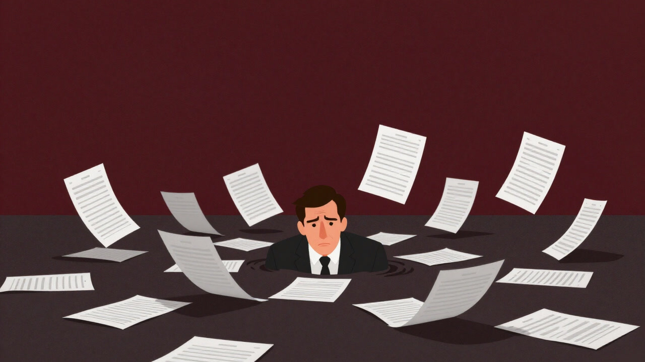 Illustration of a businessman drowning in massive spreadsheets, looking bewildered