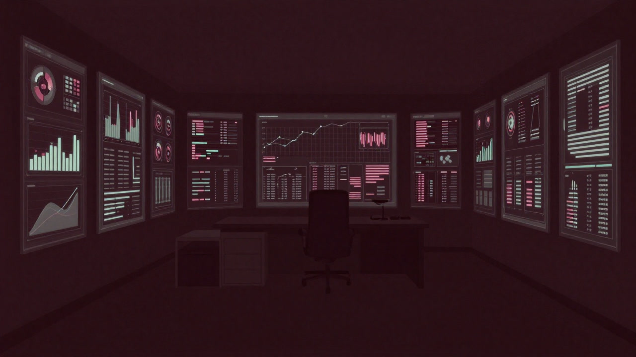 Illustration of an office wall covered with dashboards, glowing like LED graphs