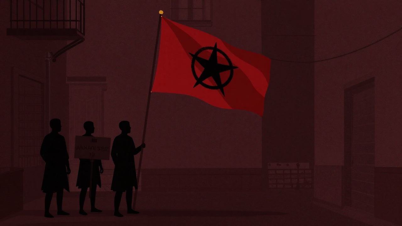 赤と黒の旗が風に揺れる暗い路地で、手にプラカードを持った影の集団が立ち尽くす様子