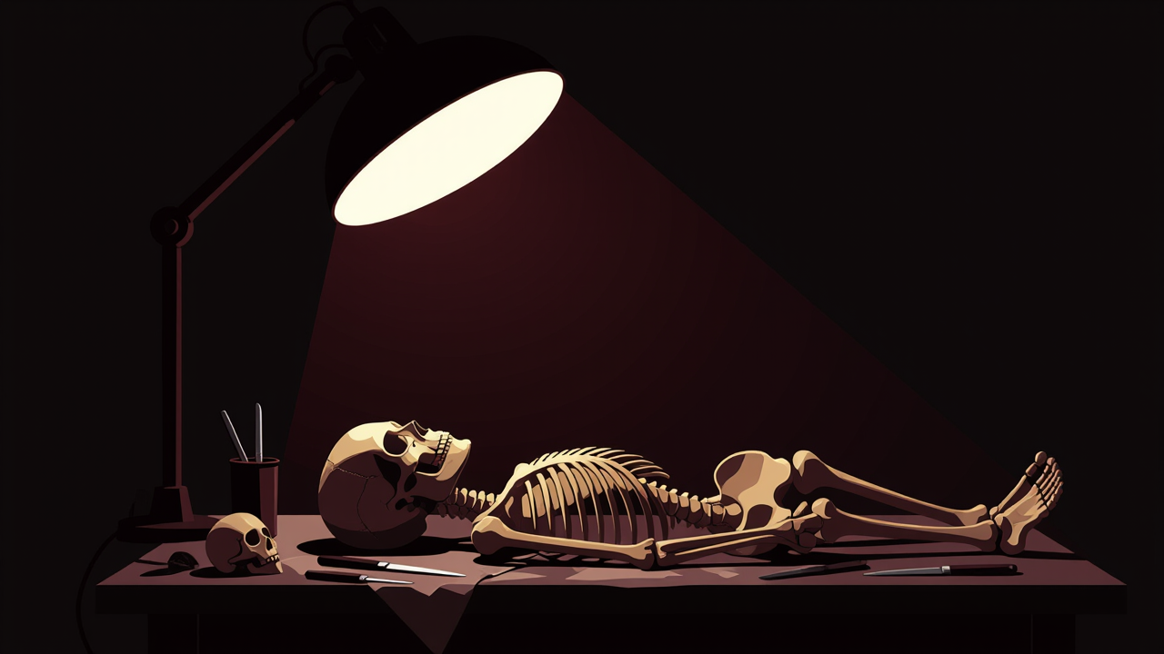 An eerie laboratory scene with a silent skeleton and scalpels under bright dissection table lights.