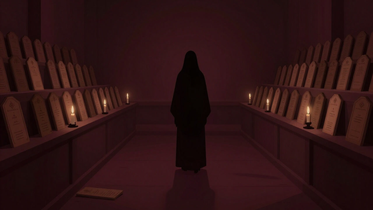 A serene image of an ancestor's altar with memorial tablets, faint candlelight illuminating a quiet shadow.