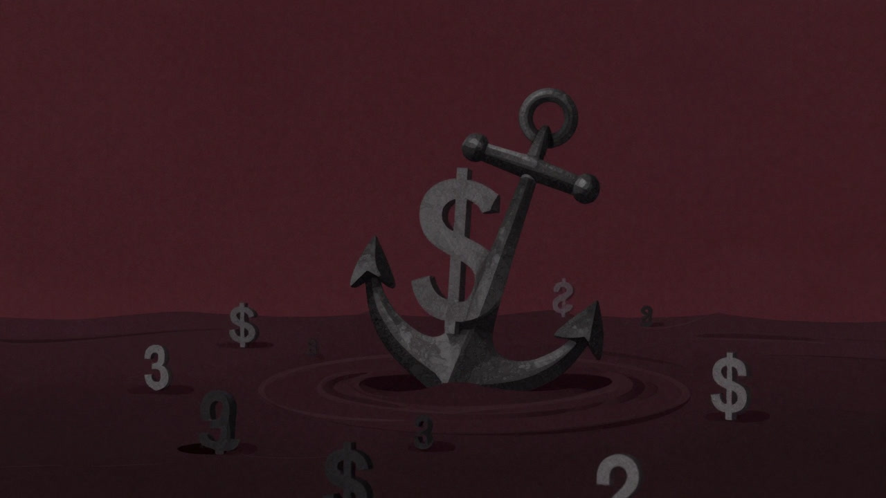 A surreal illustration of an anchor merged with a dollar sign sinking into a sea of floating numbers, representing the anchoring cognitive bias.