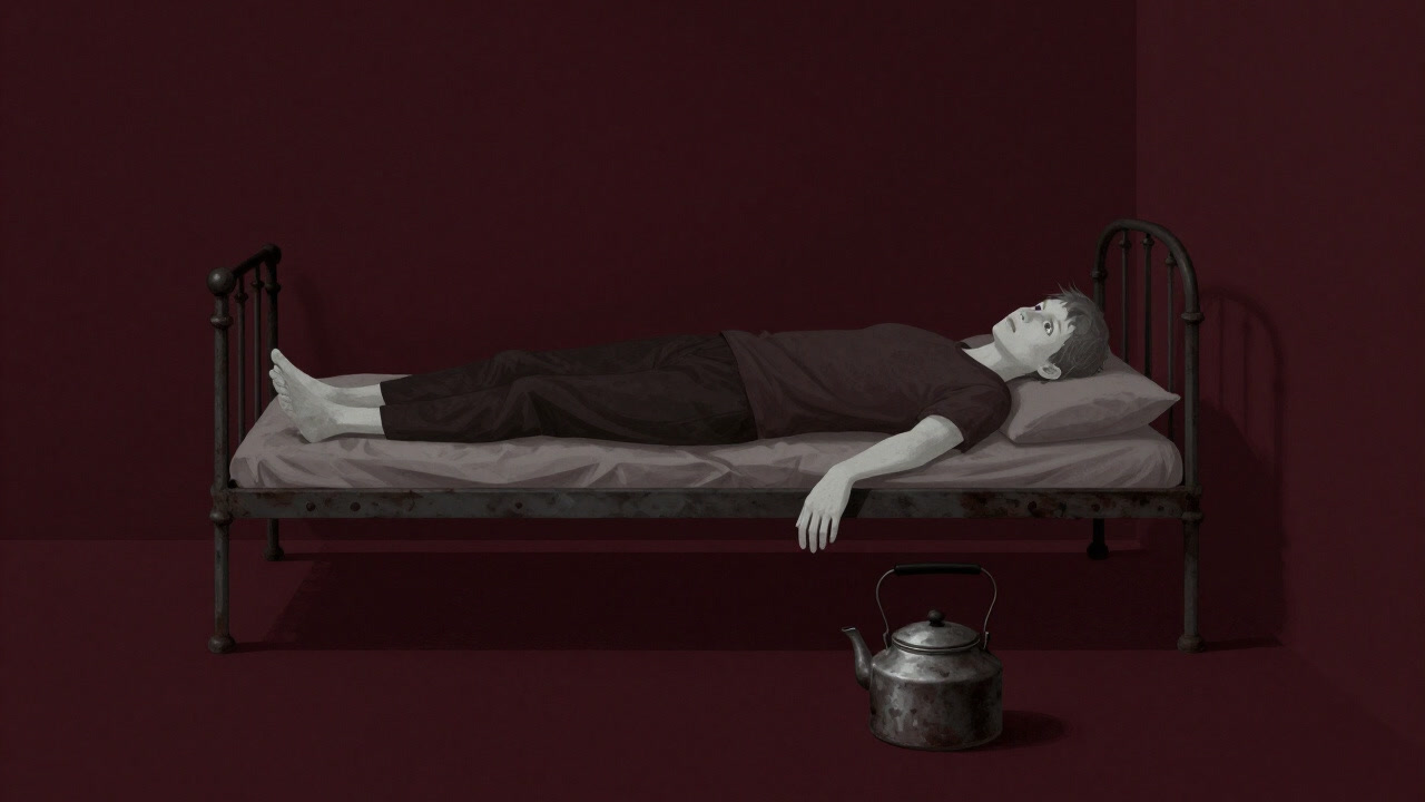 青白い人物が鉄製のパイプベッドに寝そべり、空っぽの鉄瓶を見つめるイメージ