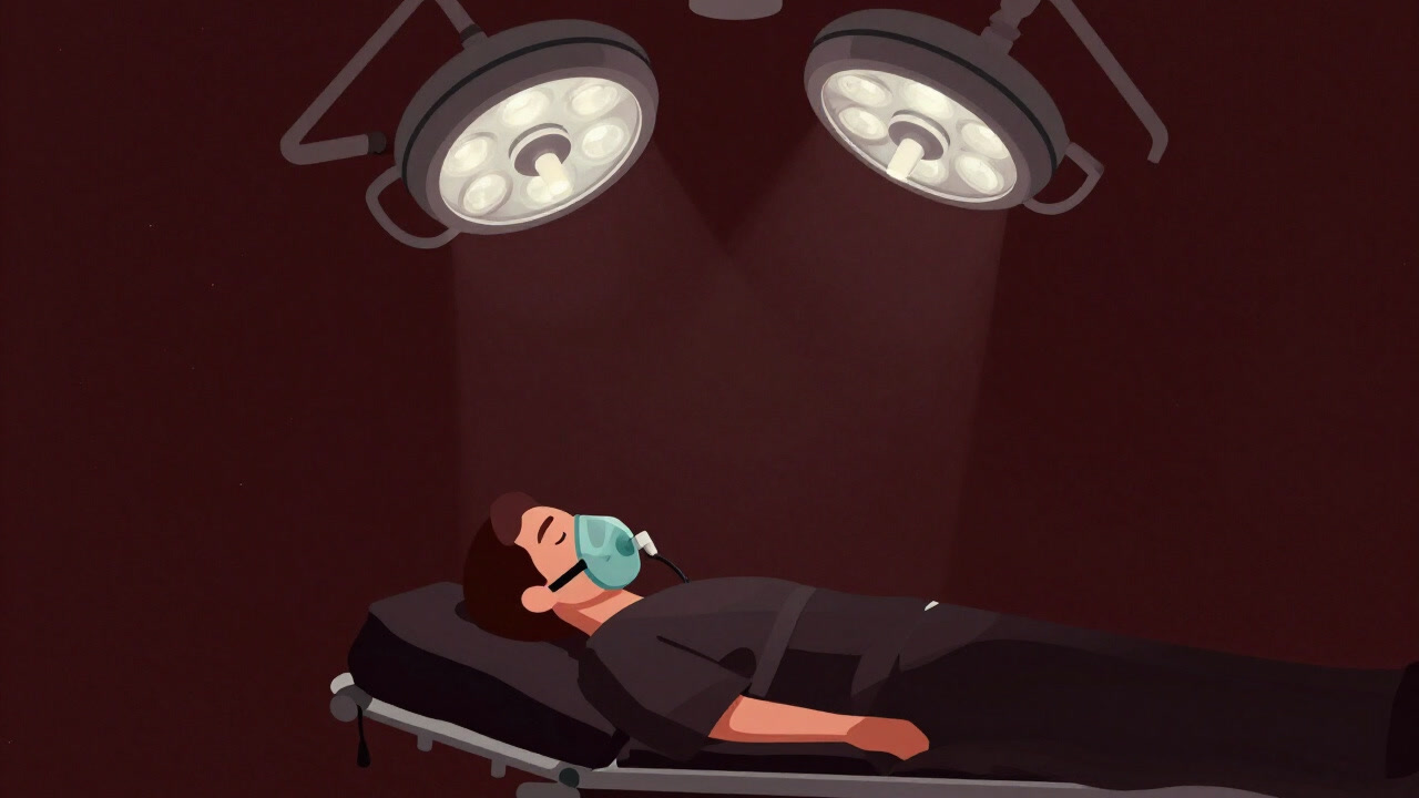 Illustration of a patient on an operating table wearing a mask with eyes closed expressionlessly