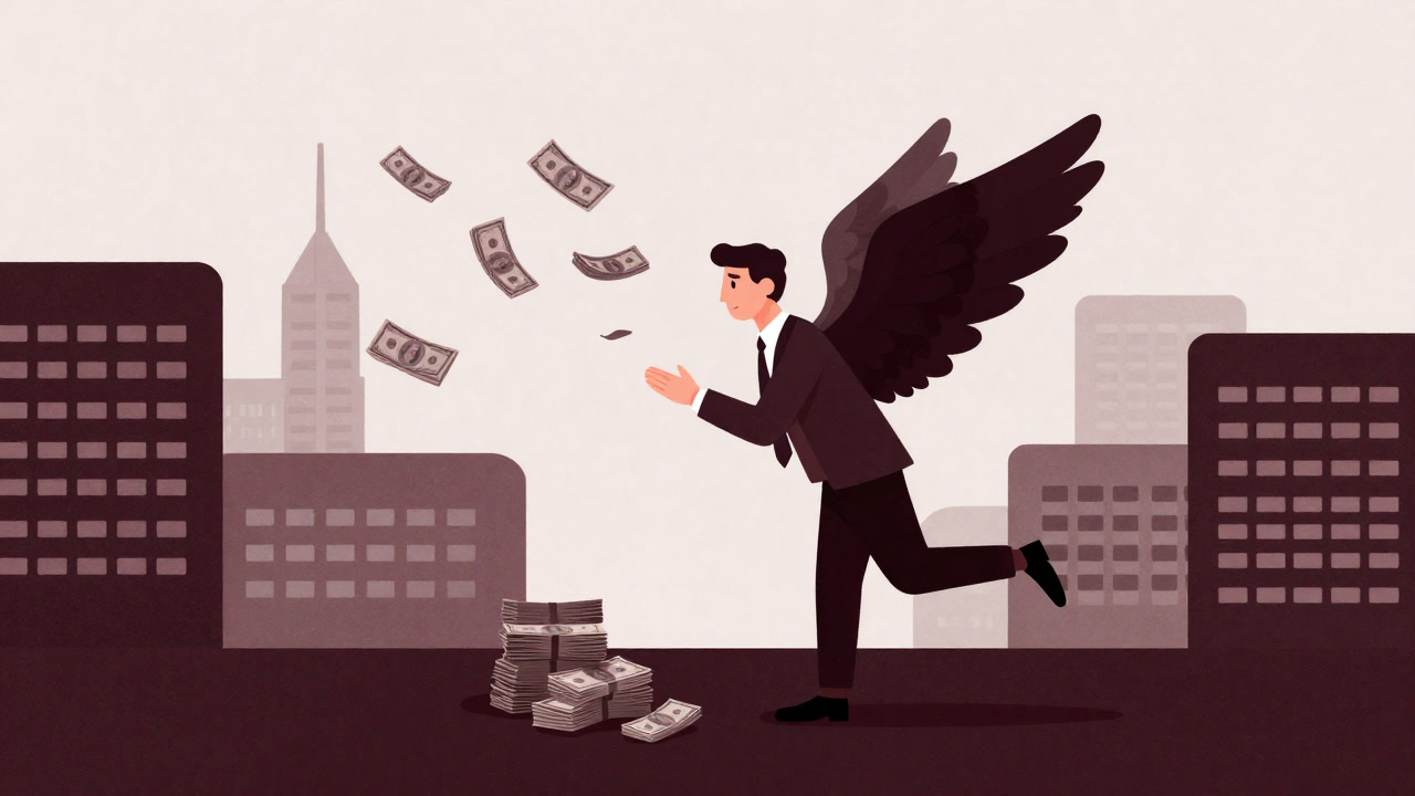 Satirical illustration of a person with angel wings scattering bundles of cash