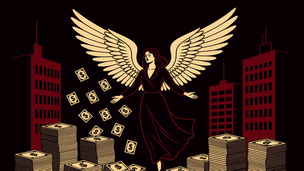 Satirical illustration of a person with angel wings scattering bundles of cash