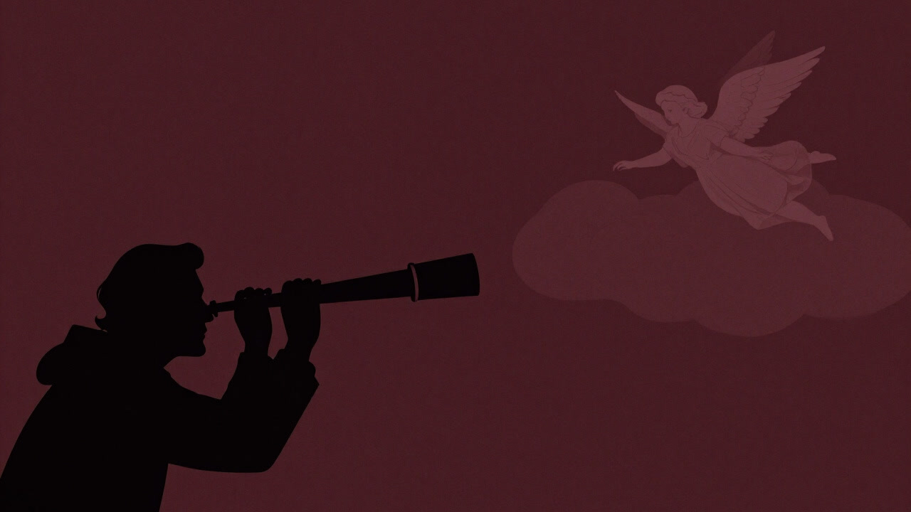 Silhouettes of scholars peering through a telescope at a faint outline of angels among the clouds.