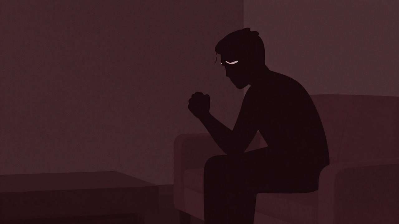 Silhouette of a person sitting on a counseling room sofa, frowning at a clenched fist