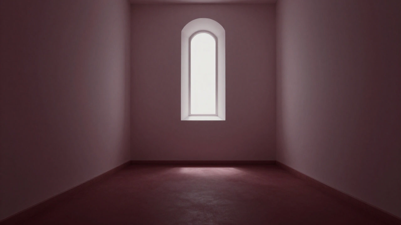 An empty white chapel with walls extending into a sterile void, evoking a sense of sacred nothingness.