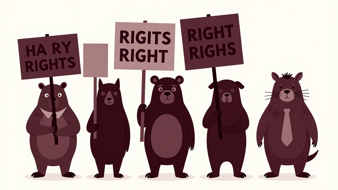 Satirical illustration of animals holding protest placards demanding rights