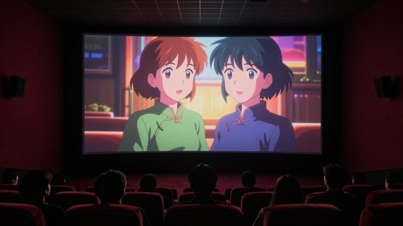 Silhouette of an audience holding breath, gazing at a vivid anime scene projected on a screen in a dark theater