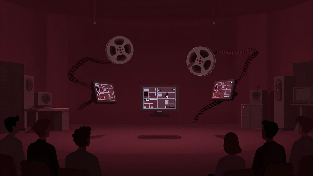 薄暗いスタジオで、フィルムもドットも踊るように動く様子を眺める人々