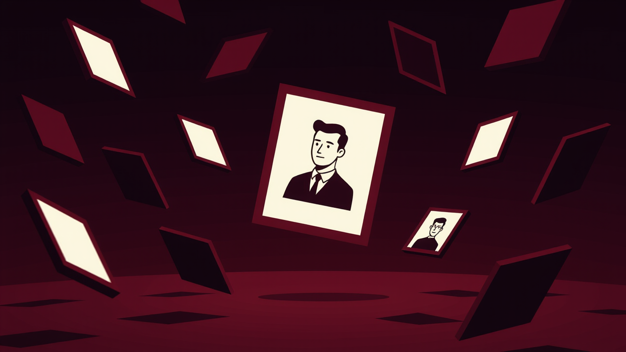 In a dark void, countless frames float around, with a single moving image at the center, evoking an eerie emptiness.