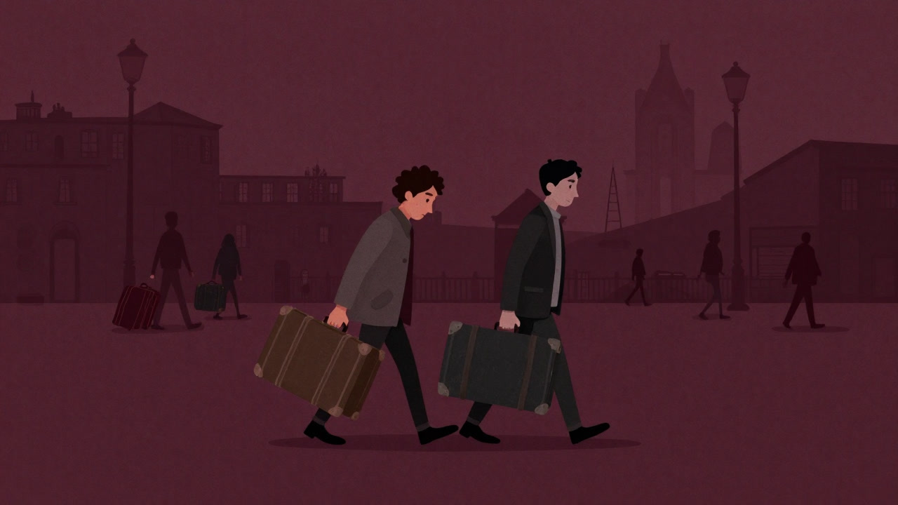 Illustration of a couple exhausted by anniversary trip luggage, walking through a tired-looking town corner